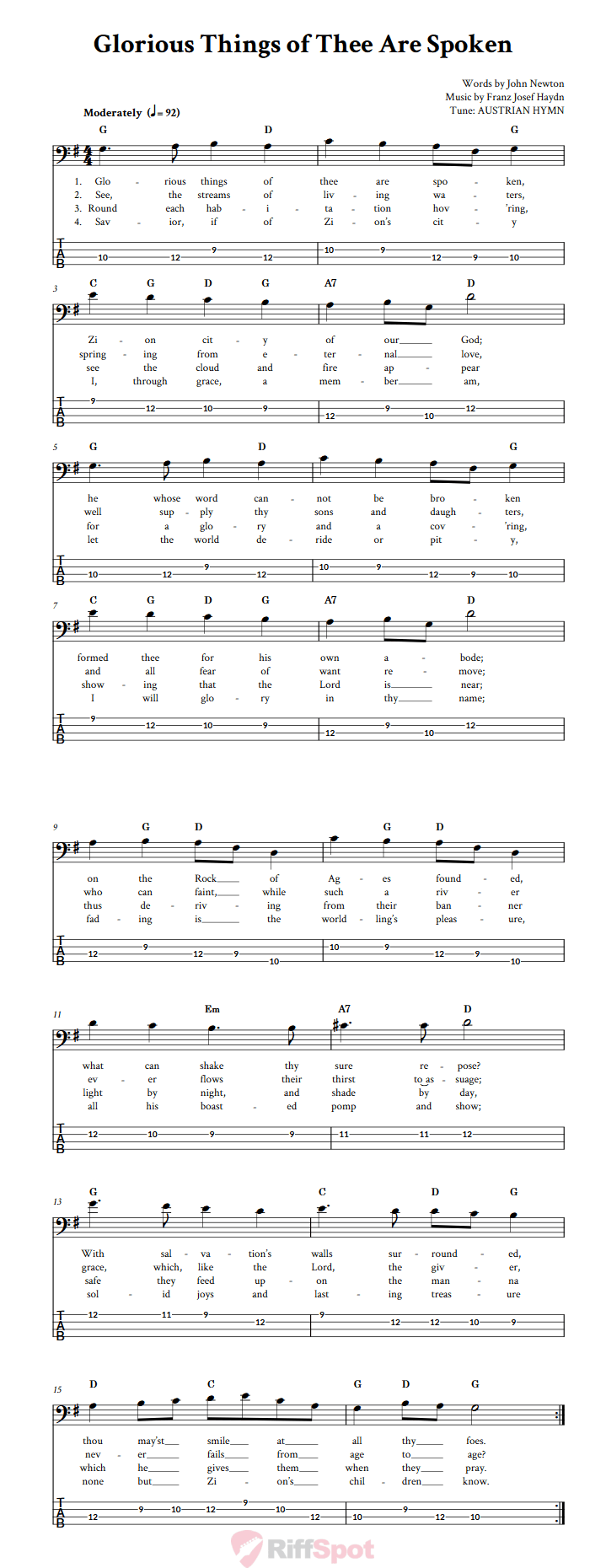 Glorious Things of Thee Are Spoken  Bass Guitar Tab