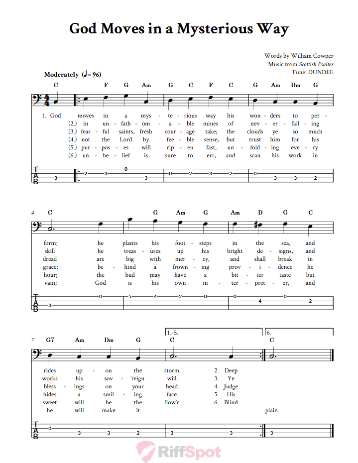 God Moves in a Mysterious Way  Bass Guitar Tab