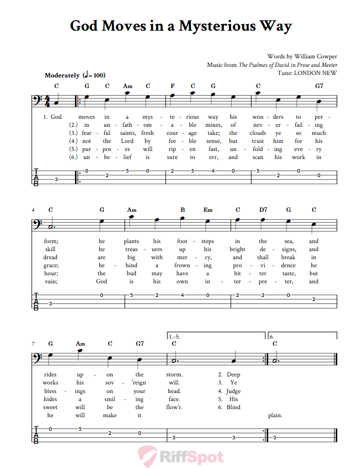 God Moves in a Mysterious Way  Bass Guitar Tab