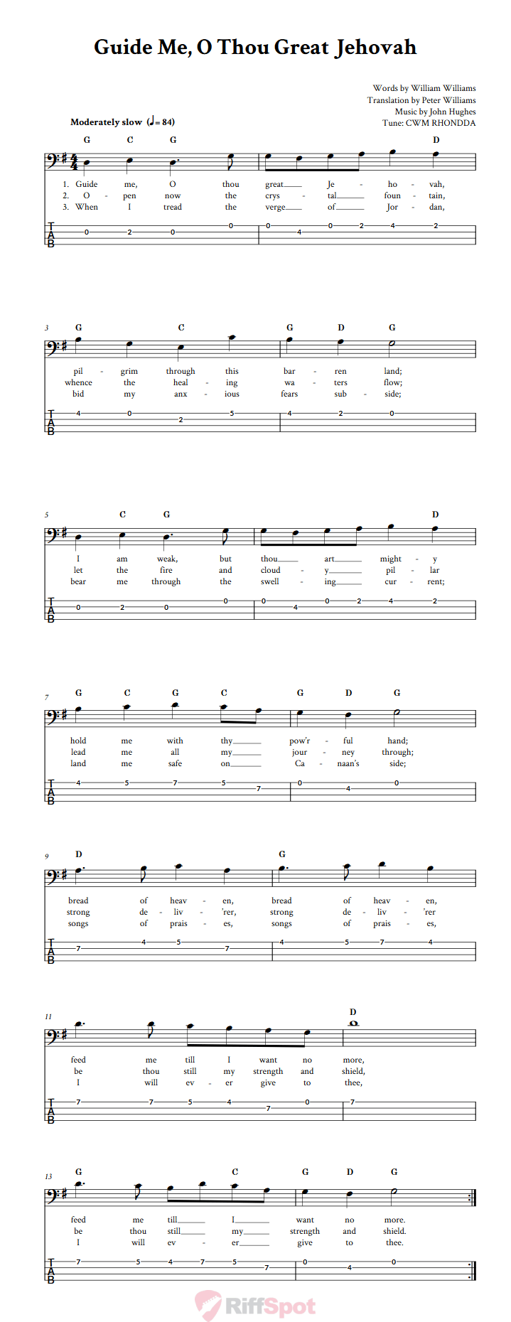 Guide Me, O Thou Great Jehovah  Bass Guitar Tab