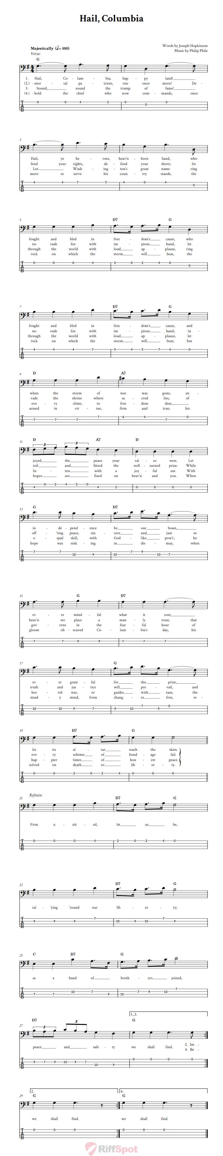 Hail, Columbia  Bass Guitar Tab