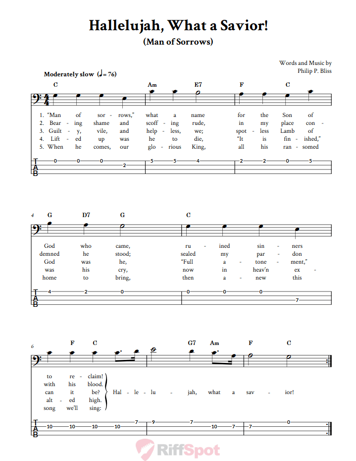 Hallelujah, What a Savior!  Bass Guitar Tab