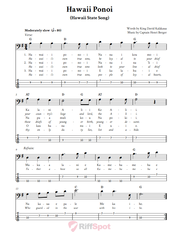 Hawaii Ponoi  Bass Guitar Tab