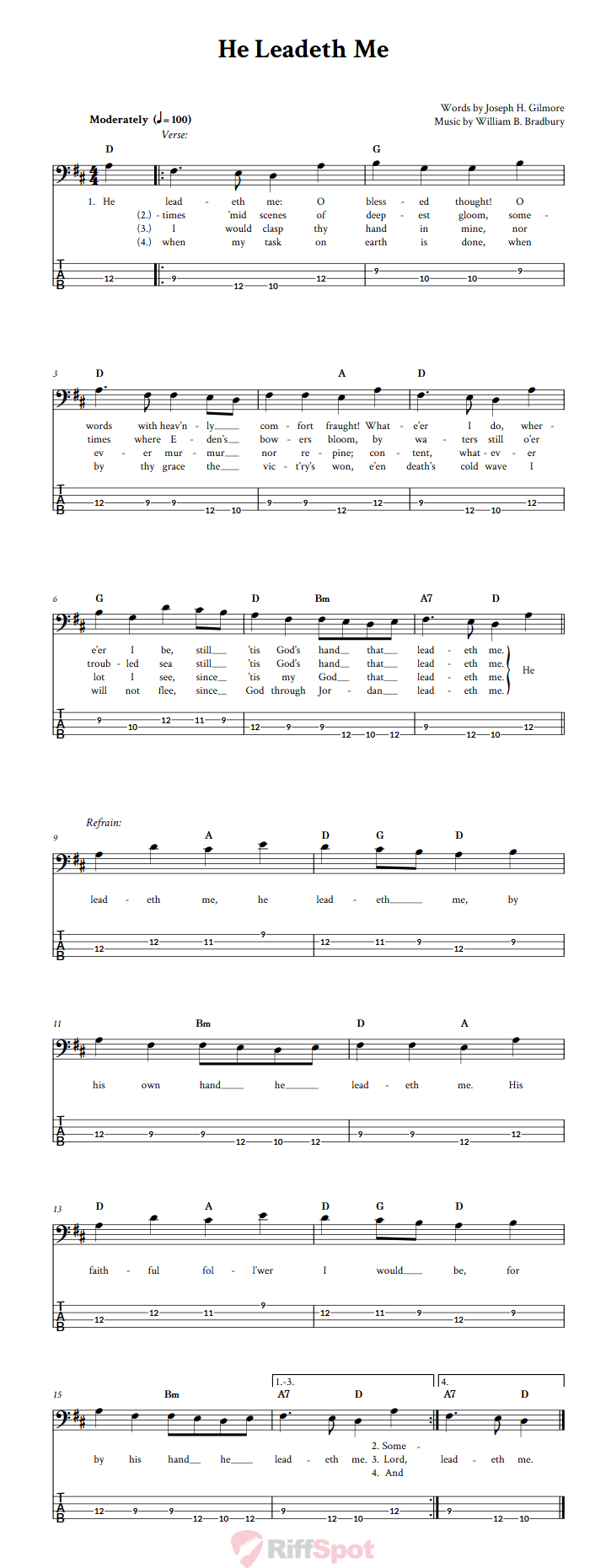 He Leadeth Me  Bass Guitar Tab