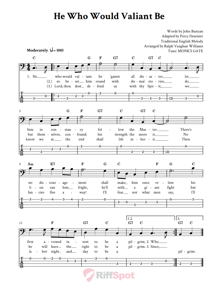 He Who Would Valiant Be  Bass Guitar Tab