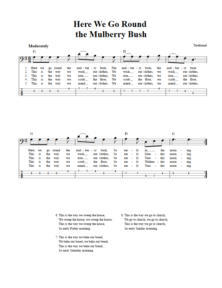 Here We Go Round the Mulberry Bush  Bass Guitar Tab