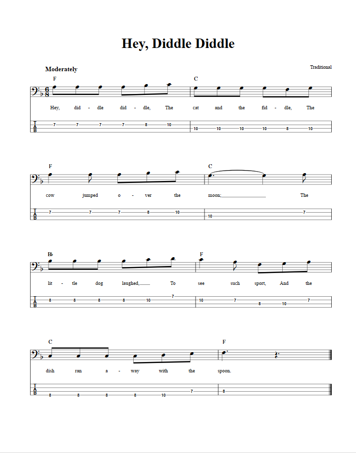 Hey, Diddle Diddle  Bass Guitar Tab