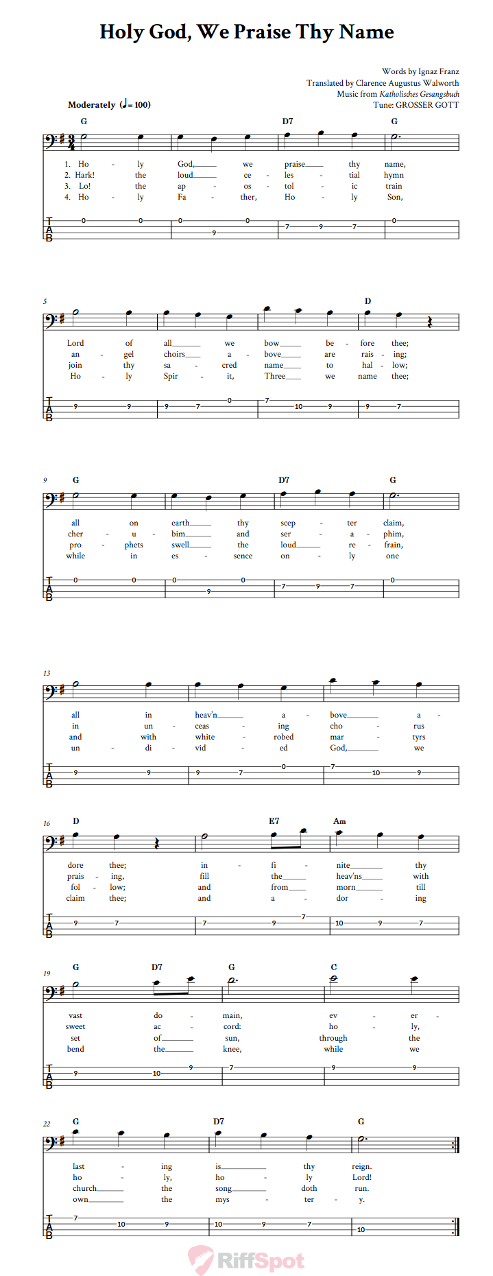 Holy God, We Praise Thy Name  Bass Guitar Tab