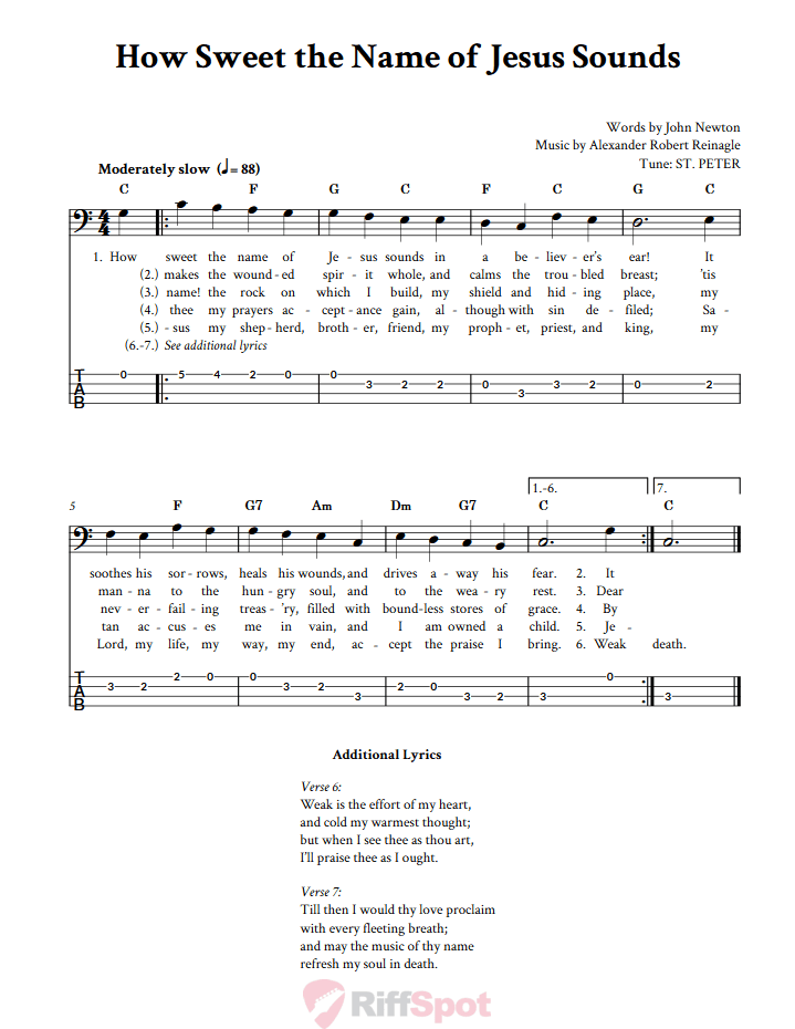 How Sweet the Name of Jesus Sounds  Bass Guitar Tab