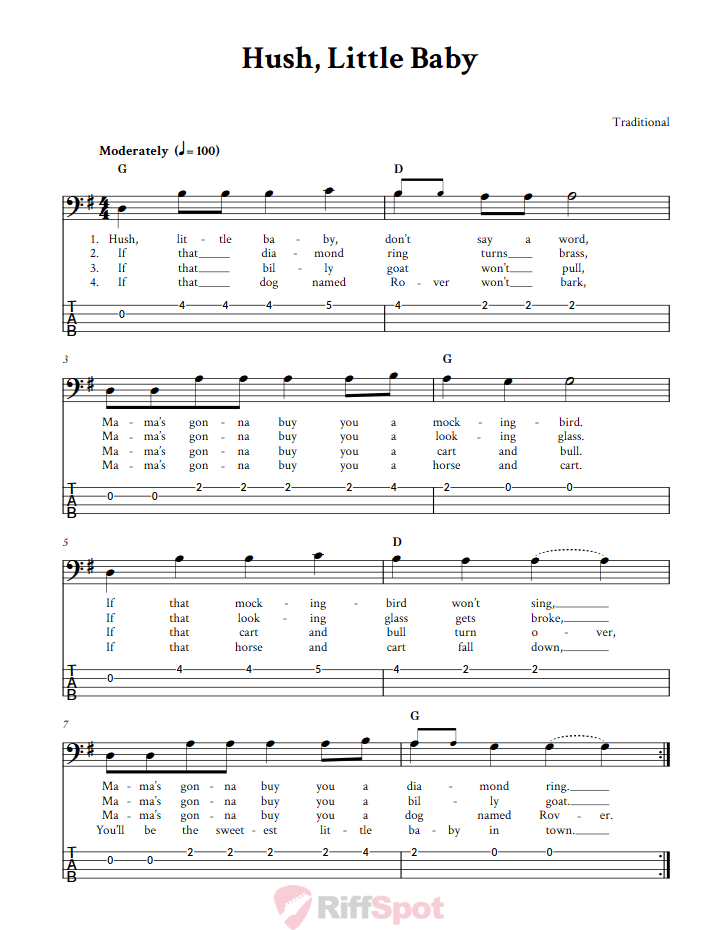 Hush, Little Baby Bass Guitar Tab