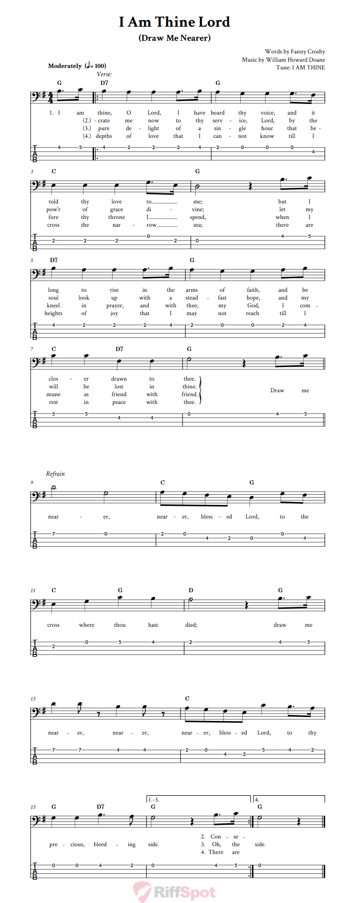 I Am Thine, O Lord  Bass Guitar Tab