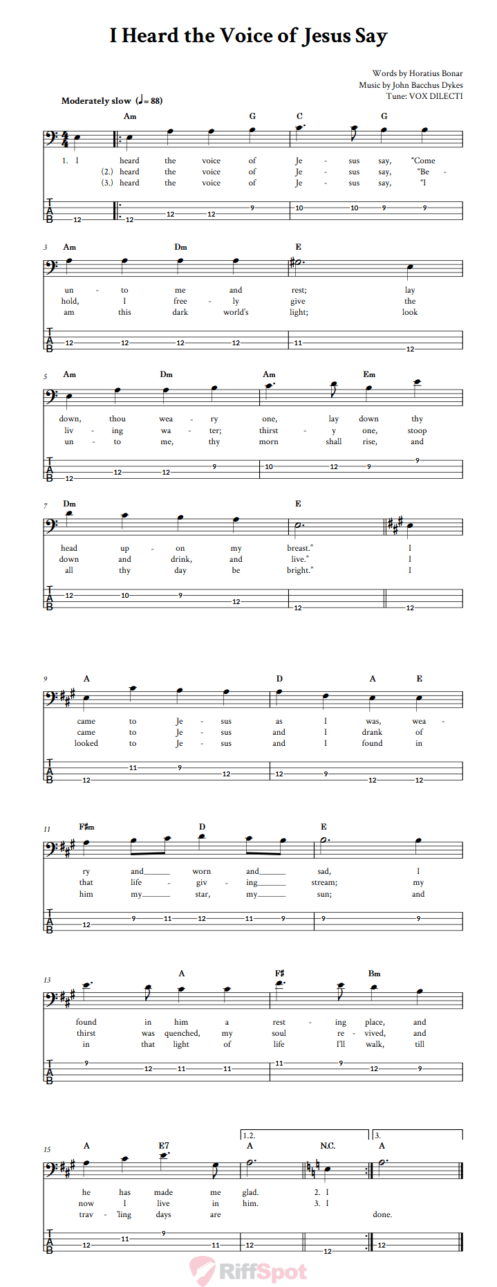 I Heard the Voice of Jesus Say  Bass Guitar Tab