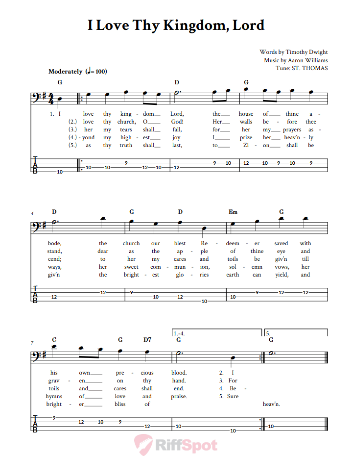 I Love Thy Kingdom, Lord  Bass Guitar Tab