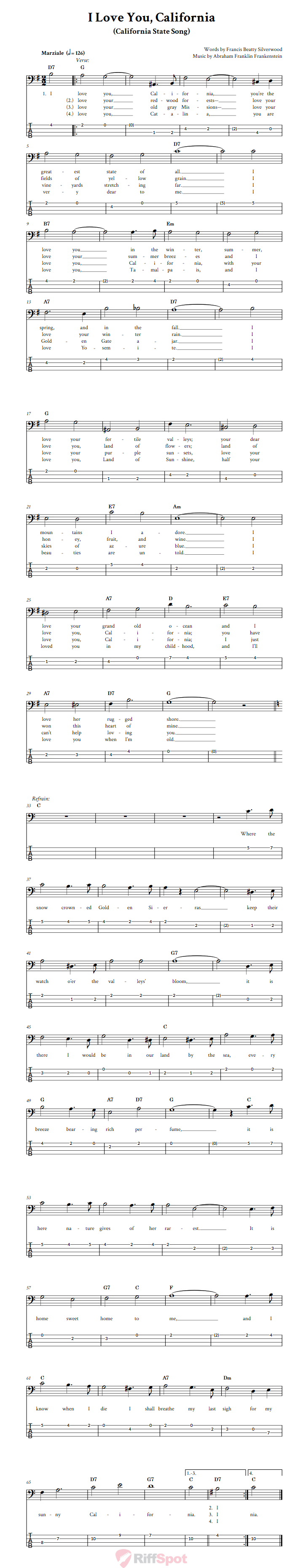 I Love You, California  Bass Guitar Tab