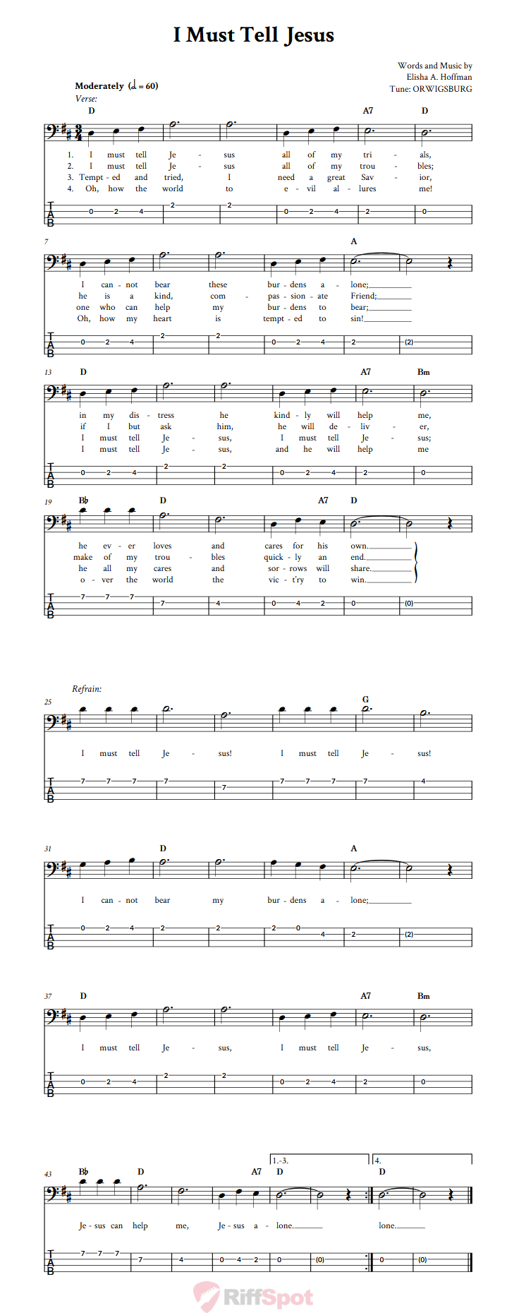 I Must Tell Jesus  Bass Guitar Tab