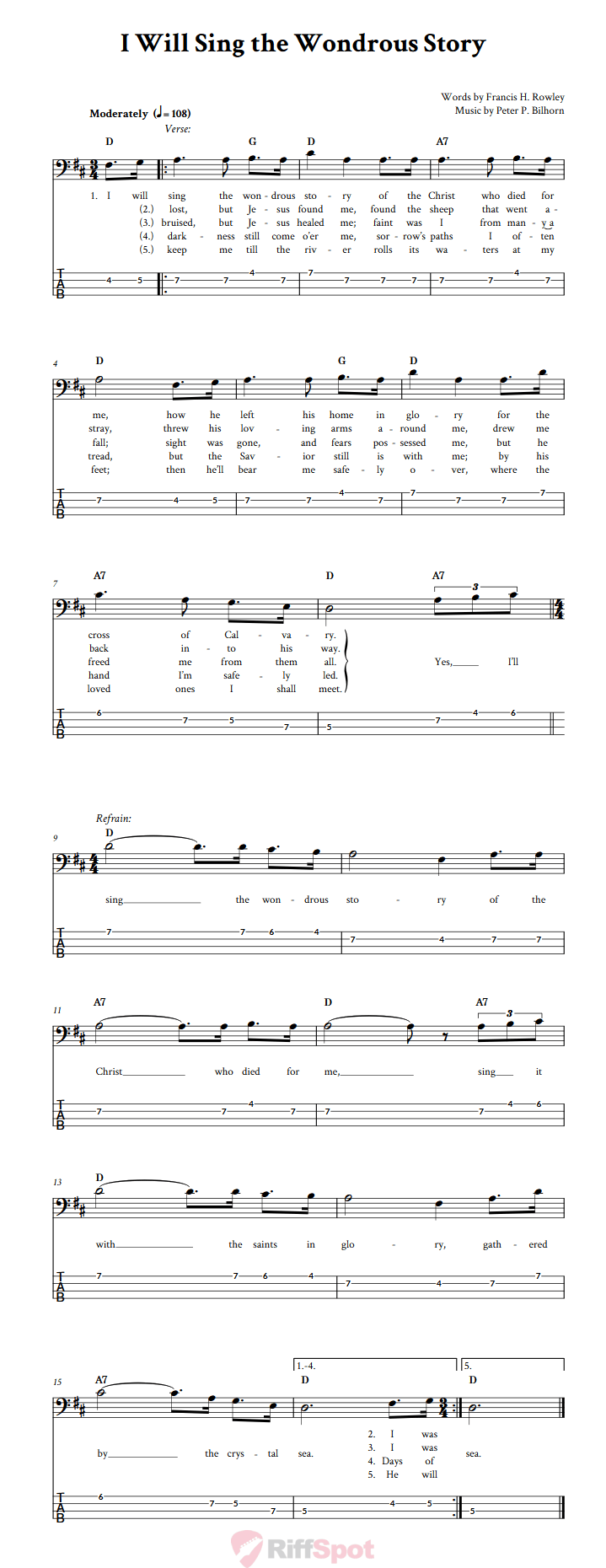 I Will Sing the Wondrous Story  Bass Guitar Tab