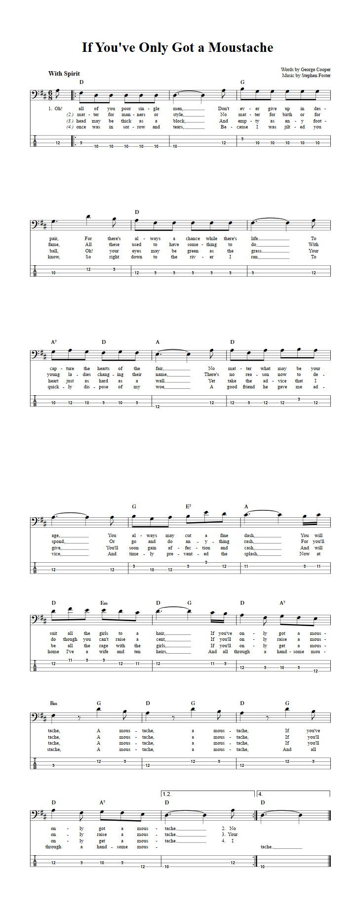 If You've Only Got a Moustache  Bass Guitar Tab
