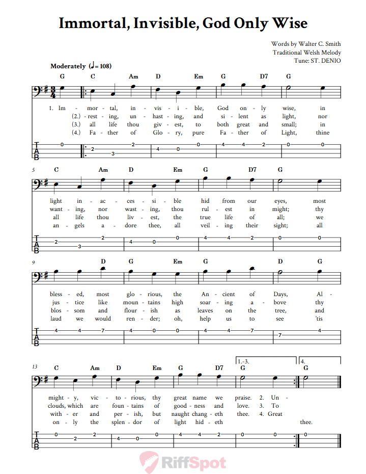 Immortal, Invisible, God Only Wise  Bass Guitar Tab