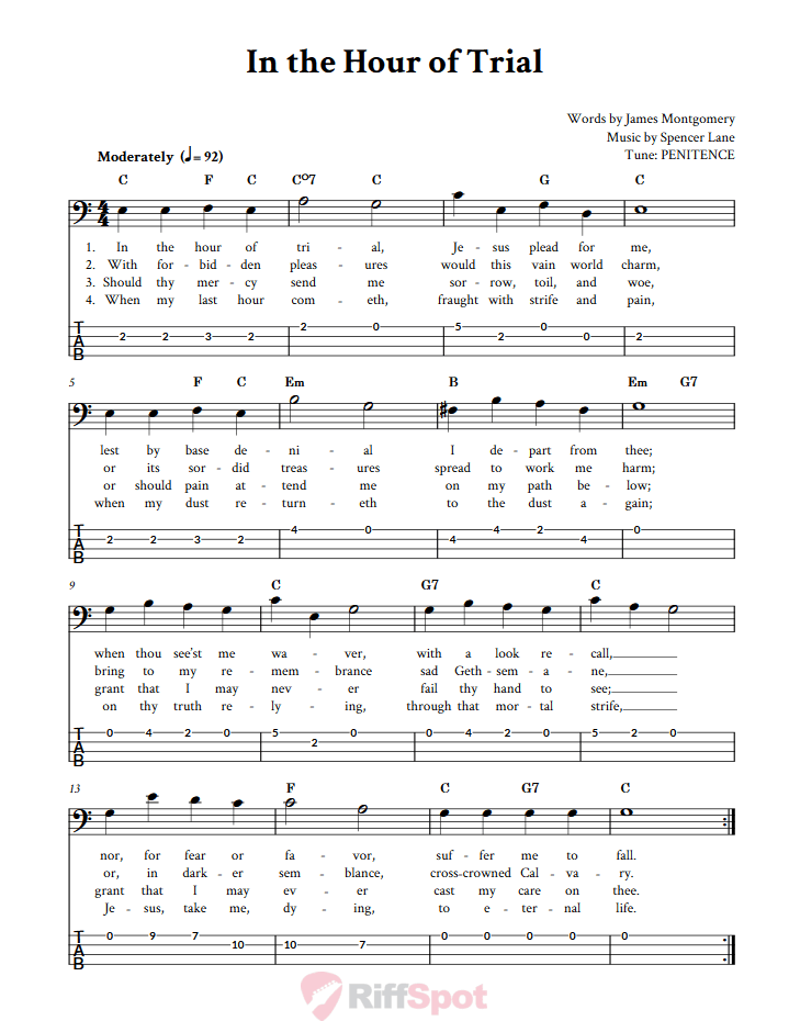 In the Hour of Trial  Bass Guitar Tab