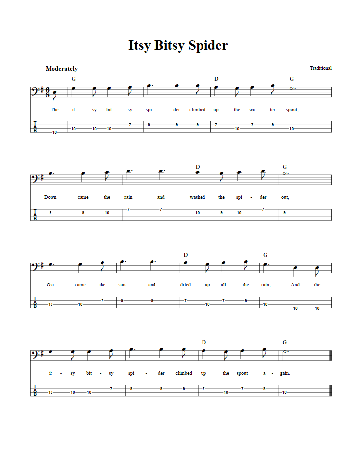 Itsy Bitsy Spider - Easy Mandolin Sheet Music and Tab with Chords and Lyrics