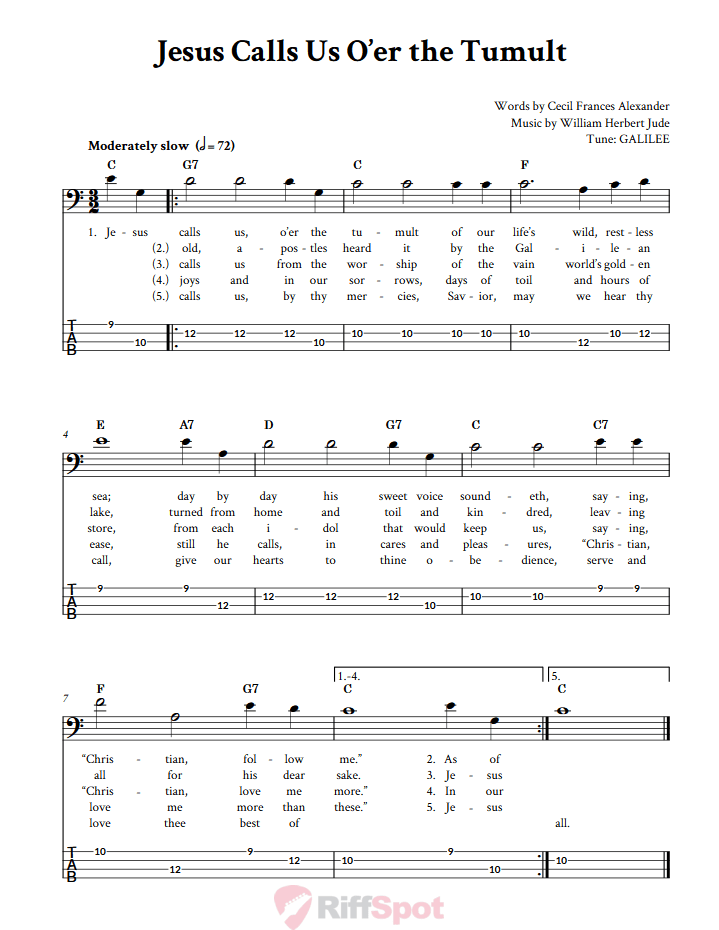 Jesus Calls Us O'er the Tumult  Bass Guitar Tab