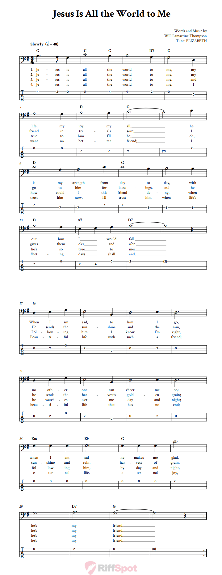 Jesus Is All the World to Me  Bass Guitar Tab