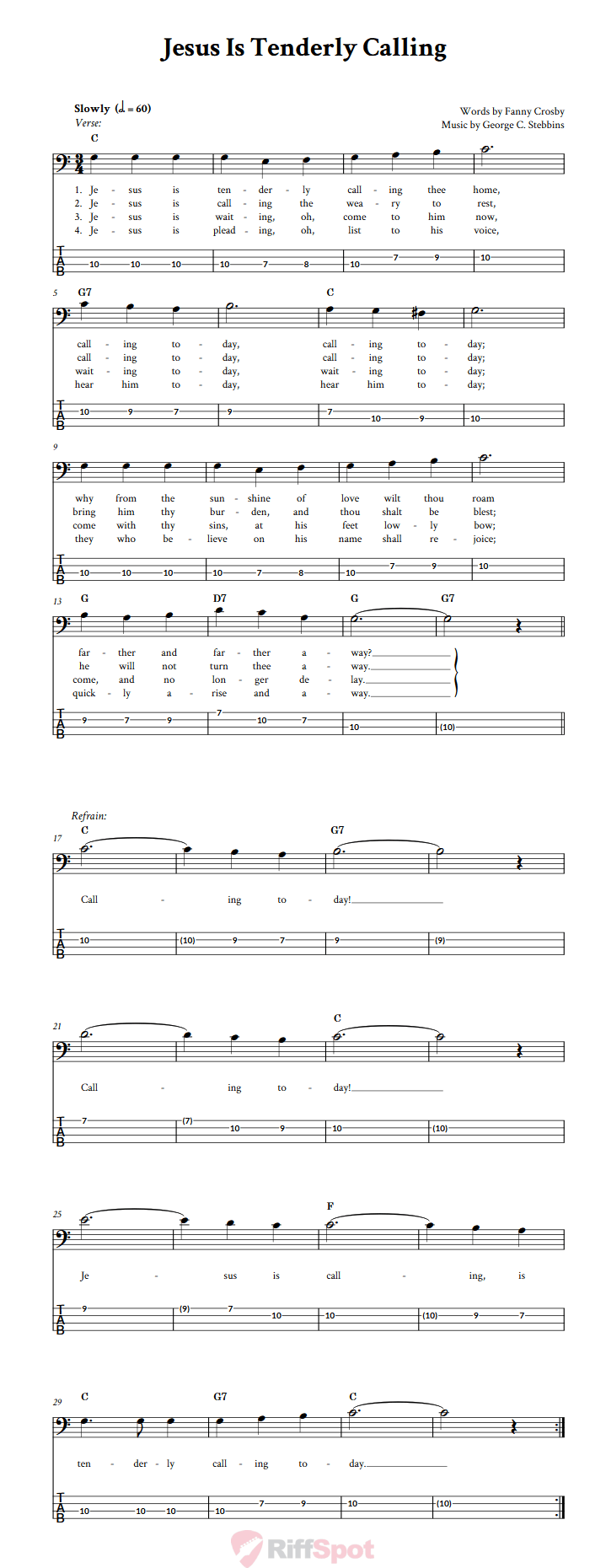 Jesus Is Tenderly Calling  Bass Guitar Tab