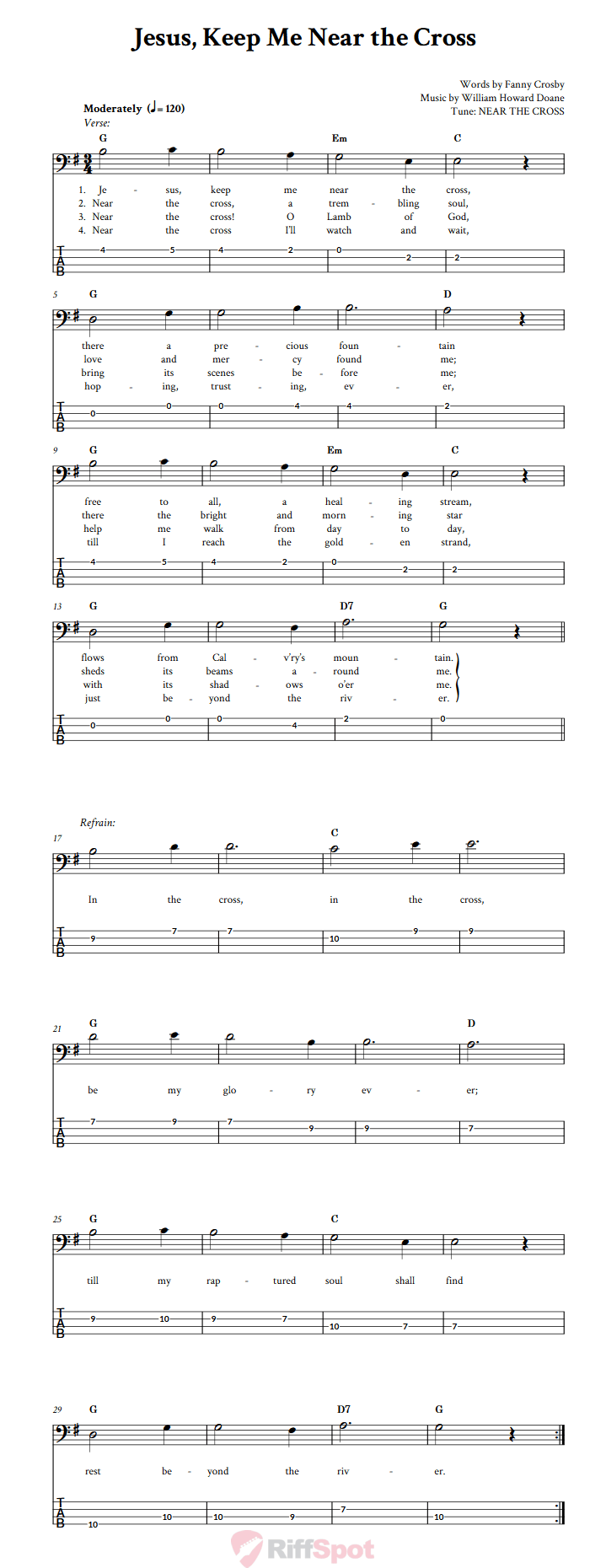 Jesus, Keep Me Near the Cross  Bass Guitar Tab