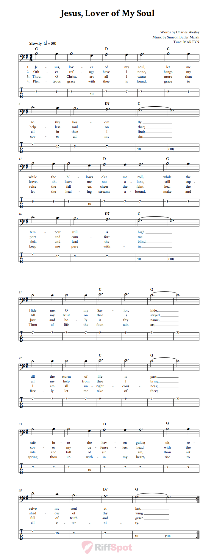 Jesus, Lover of My Soul  Bass Guitar Tab