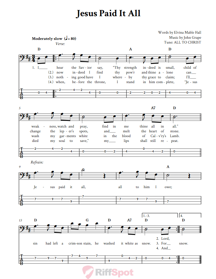 Jesus Paid It All  Bass Guitar Tab