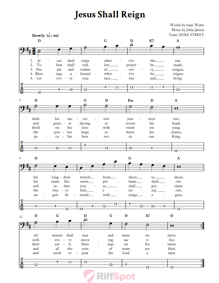 Jesus Shall Reign  Bass Guitar Tab