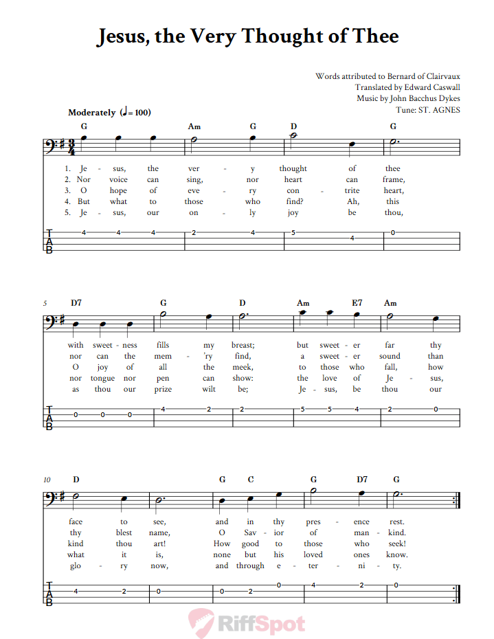 Jesus, the Very Thought of Thee  Bass Guitar Tab