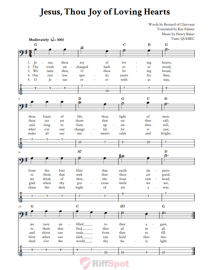 Jesus, Thou Joy of Loving Hearts  Bass Guitar Tab