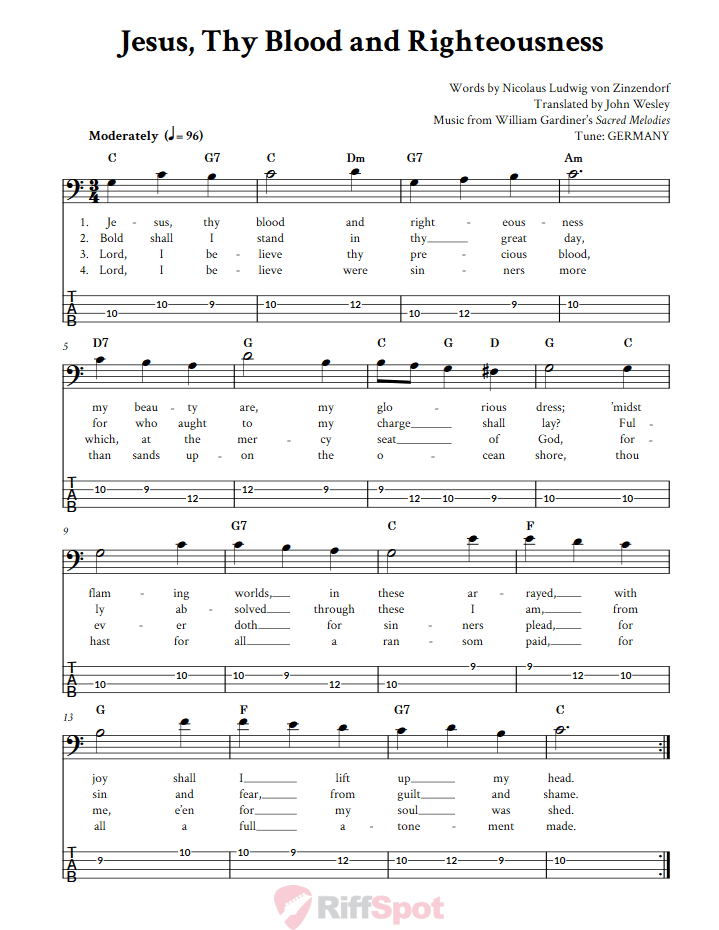 Jesus, Thy Blood and Righteousness  Bass Guitar Tab