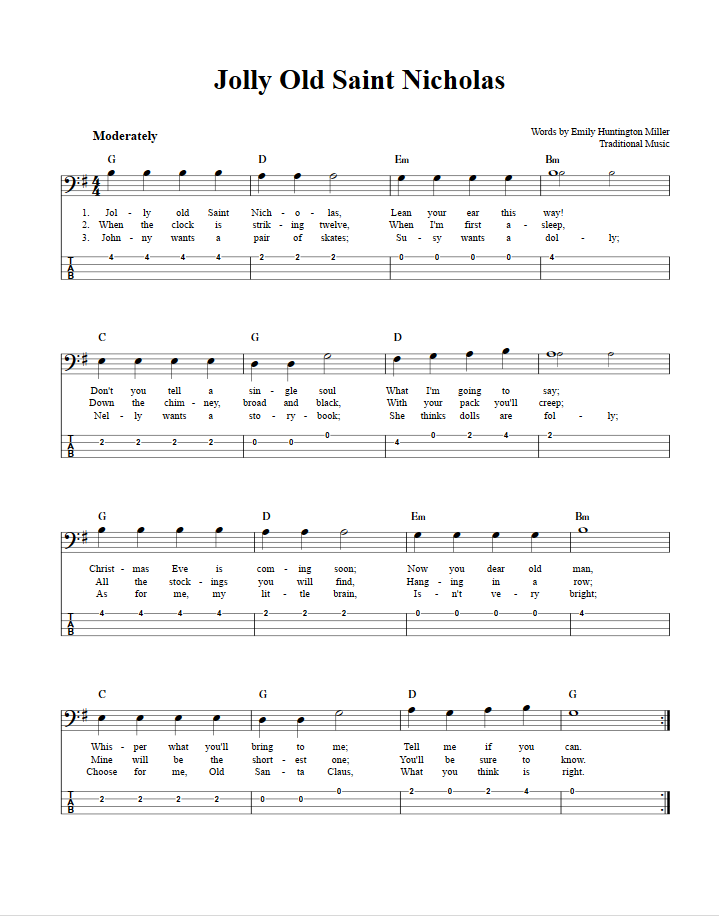 Jolly Old Saint Nicholas Bass Guitar Sheet Music and Tab with Chords