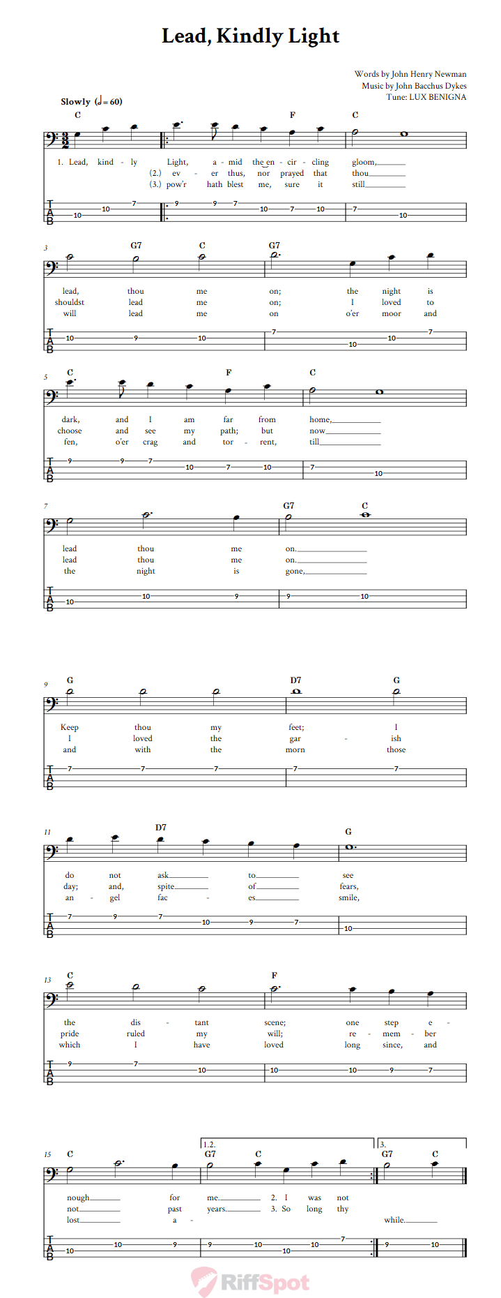 Lead, Kindly Light  Bass Guitar Tab