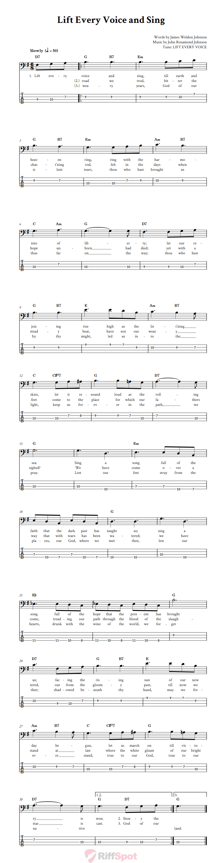 Lift Every Voice and Sing  Bass Guitar Tab