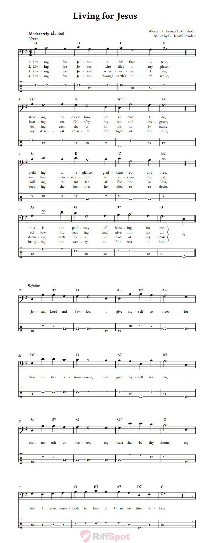 Living For Jesus  Bass Guitar Tab