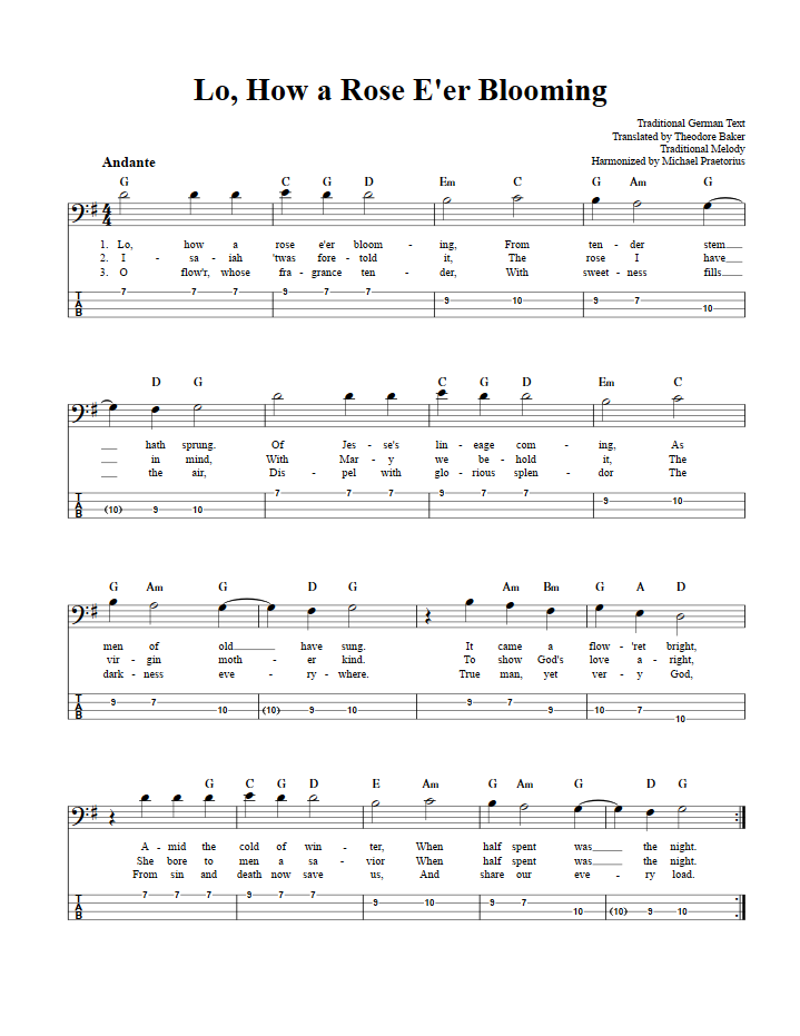 Lo, How a Rose E'er Blooming  Bass Guitar Tab