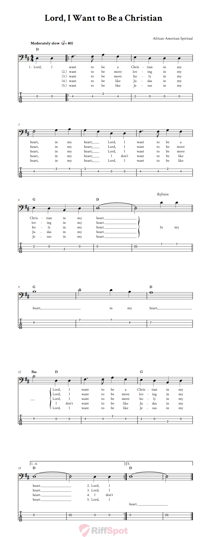 Lord, I Want to Be a Christian  Bass Guitar Tab