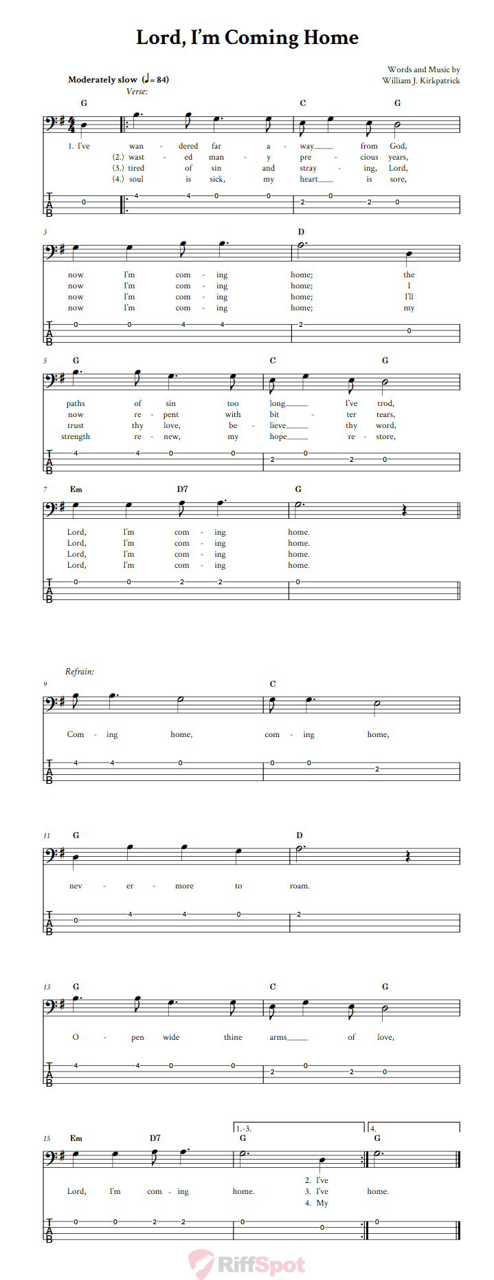 Lord, I'm Coming Home  Bass Guitar Tab