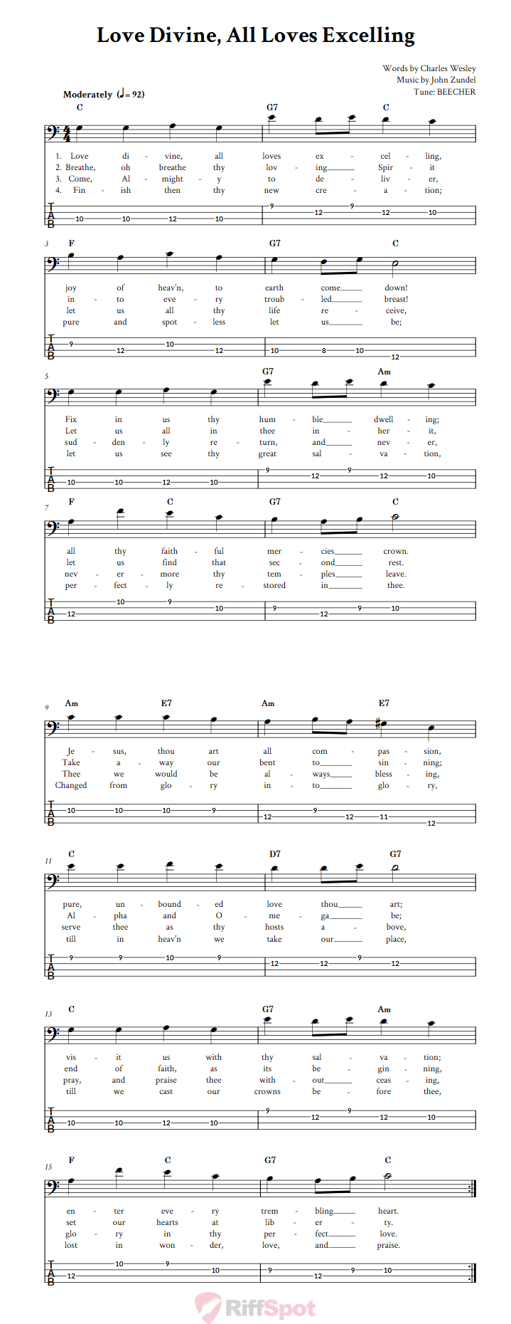 Love Divine, All Loves Excelling  Bass Guitar Tab