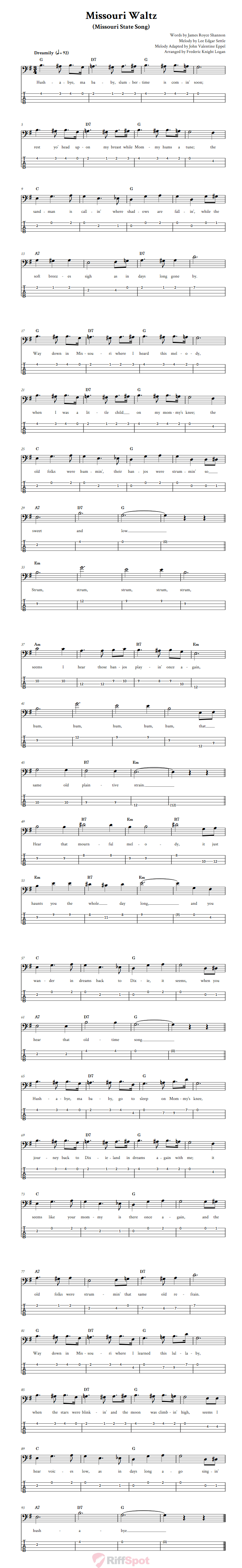 Missouri Waltz  Bass Guitar Tab