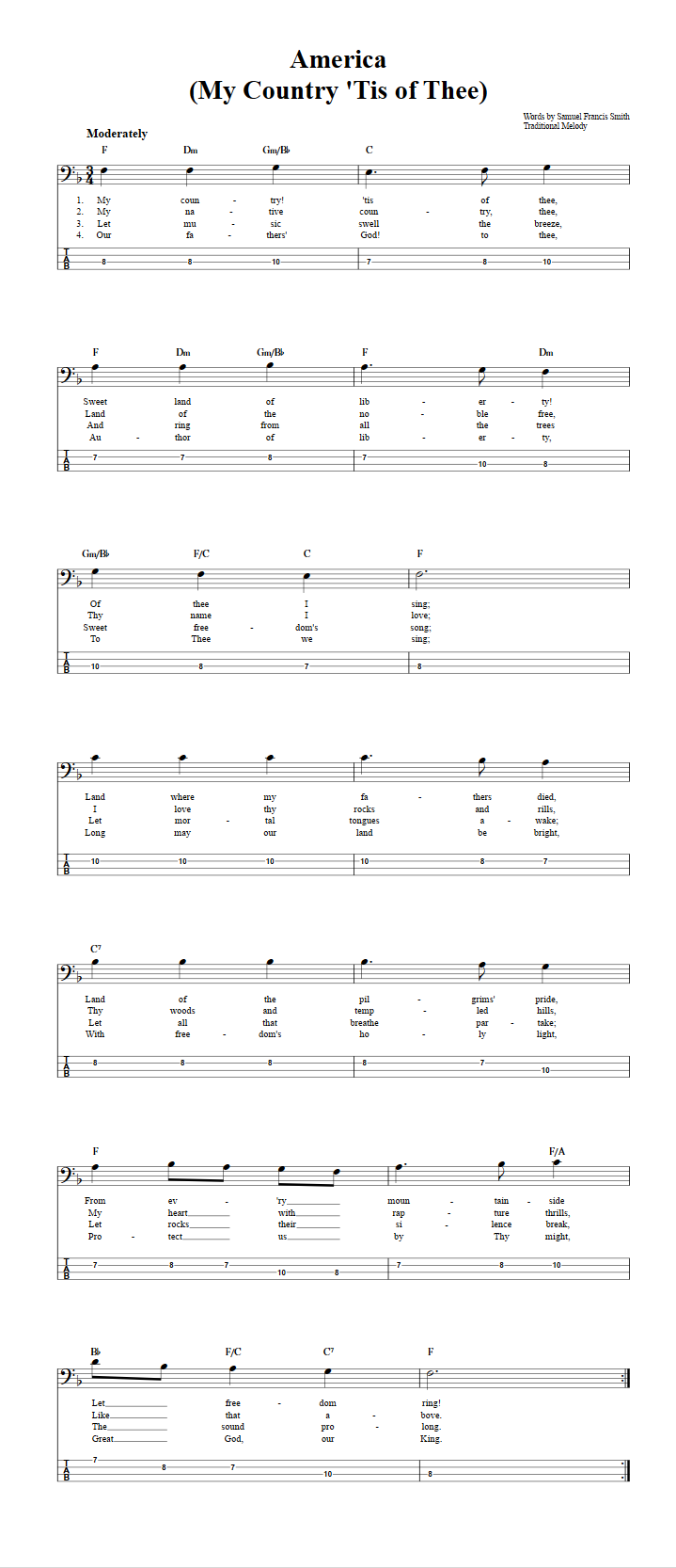 My Country, 'Tis of Thee  Bass Guitar Tab