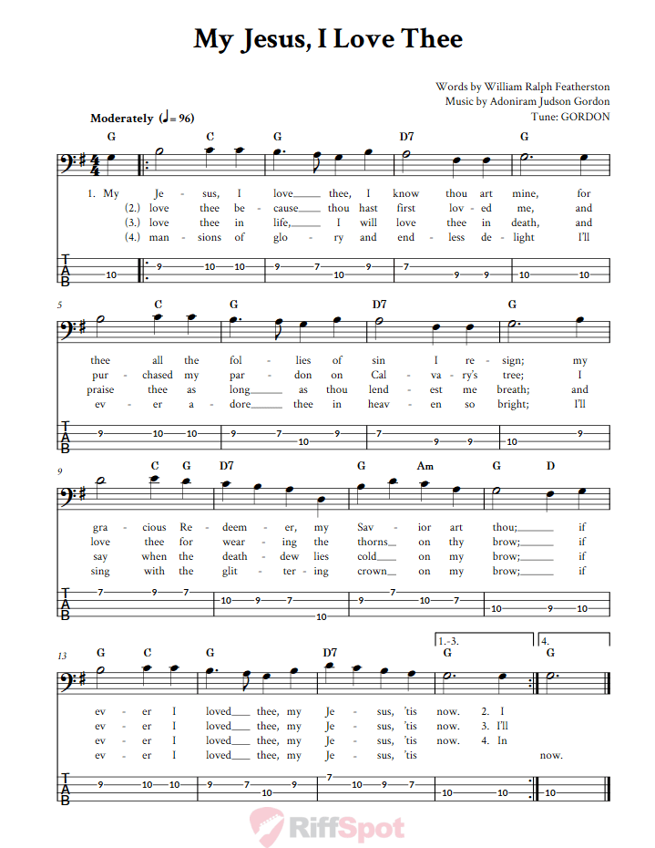 My Jesus, I Love Thee  Bass Guitar Tab