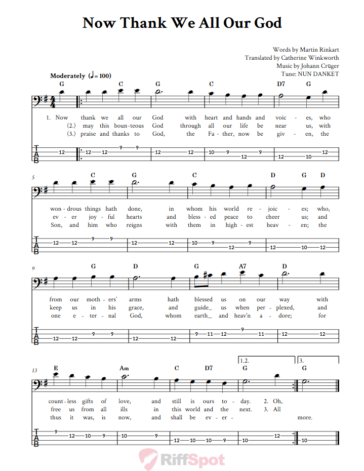 Now Thank We All Our God  Bass Guitar Tab