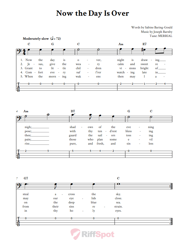 Now the Day Is Over  Bass Guitar Tab