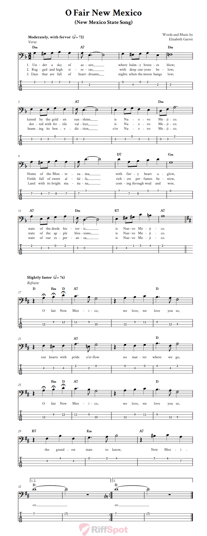 O Fair New Mexico  Bass Guitar Tab