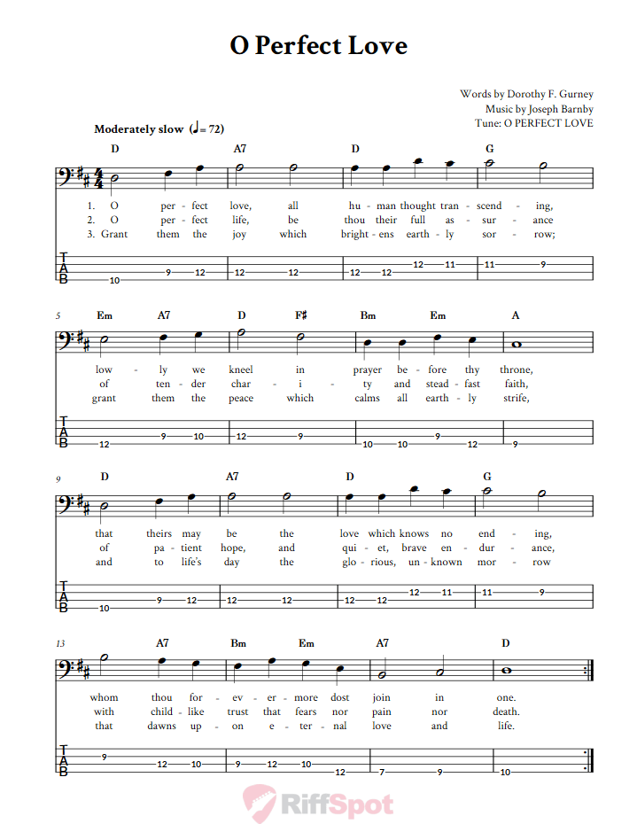 O Perfect Love  Bass Guitar Tab