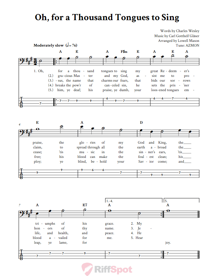 Oh, for a Thousand Tongues to Sing  Bass Guitar Tab